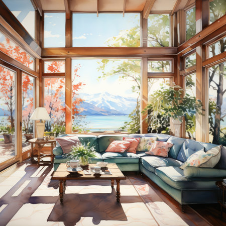 Living room with a view of the lake and mountains.の素材
