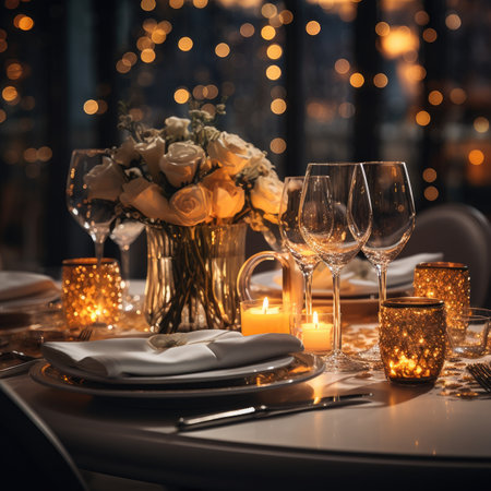 Festive table setting with flowers and candles in the interior of the restaurantの素材