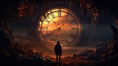 Time concept with a silhouette of a man in front of a clockの素材