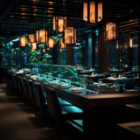 Interior of a night club or restaurant with tables and chairs.の素材