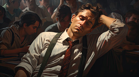 Stressed businessman sitting at the table in a dark room with people aroundの素材