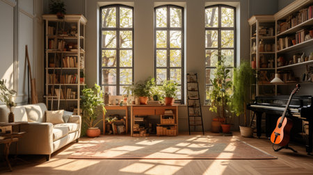 Interior of living room with guitar, bookshelf and sofaの素材