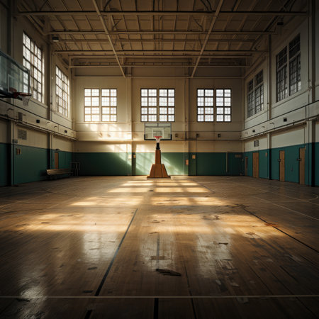 an old abandoned factory building with wooden floor and large windowsの素材