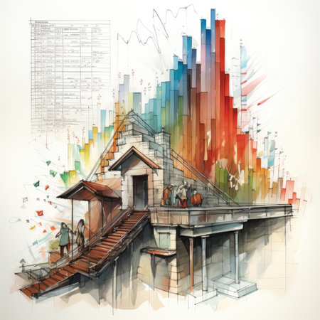Sketch of a modern house on a background of colorful chartsの素材
