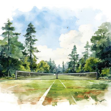 Watercolor tennis court in the forest.の素材