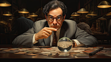 Portrait of a man in a suit and glasses at the table with cards and a magnifying glassの素材