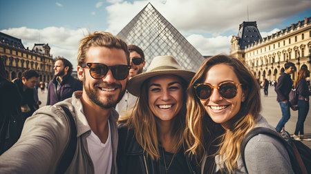 Group of tourists taking selfie . Tourists having fun on the street.の素材