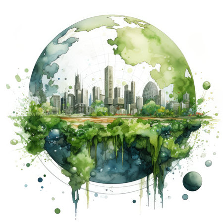Green city with watercolor splashes. Ecology concept.の素材