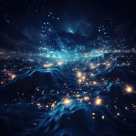 Abstract blue background with glowing lights and waves.の素材