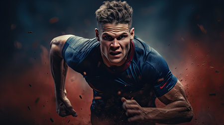 Athlete in action on a dark background with splashes of water.の素材