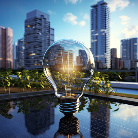 Incandescent light bulb with modern city background.の素材