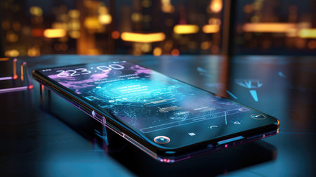 Smartphone with app on screen on blurred city backgroundの素材