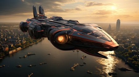 Futuristic spaceship flying over the city.の素材