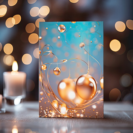 Christmas greeting card with golden balls and bokeh lights on backgroundの素材
