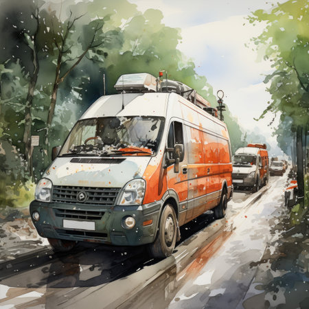 Watercolor car on the road in the city.の素材