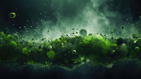 Abstract green paint splashes on dark background.の素材