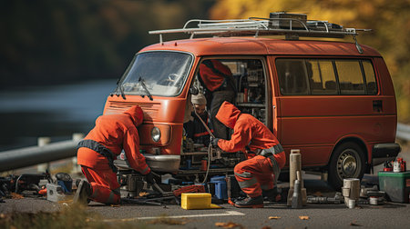 Two auto mechanics repairing a van on a road in the forest.の素材