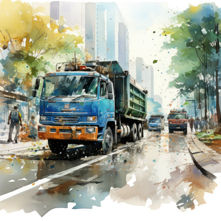 Watercolor truck on the road in the city.の素材
