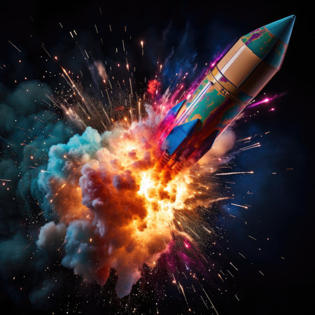 Rocket with fire and smoke on a black background.の素材