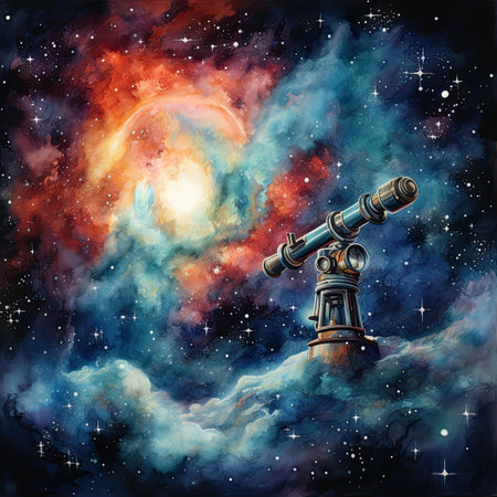 Astronomical telescope on the background of the planet. Cosmic art.の素材