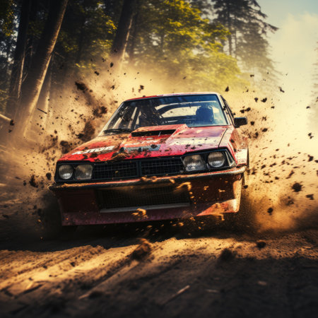 racing car on a dirt road in the forest with dust and smokeの素材