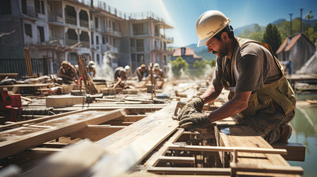 Carpenter working on a wooden construction site. Construction industry.の素材