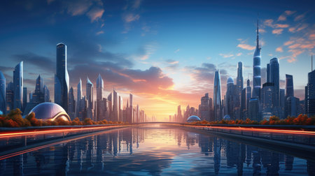 Beautiful view of the modern city at sunset.の素材