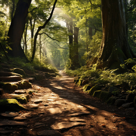 Beautiful forest in the morning with sunbeams and lens flareの素材