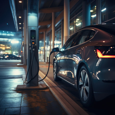 Charging an electric car at night in the city, close-upの素材