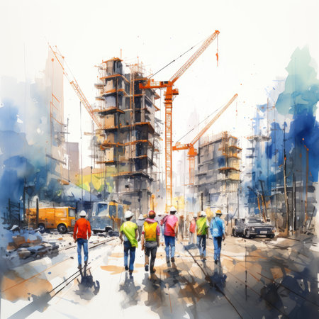 Watercolor construction site with cranes and peopleの素材