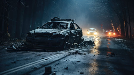 Burned car in the forest at night. Road accident concept.の素材