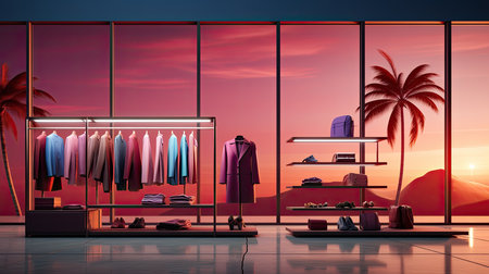 A modern fashion store interior with a view of the sunsetの素材