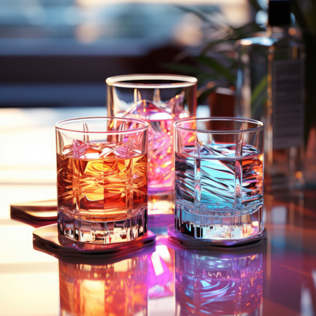 Glasses of whiskey with ice cubes on the table in a restaurantの素材