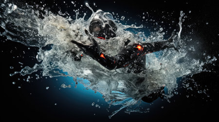 Astronaut in black suit flying in the water.の素材