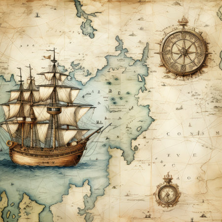 pirate ship and compass on the old map of the world.の素材
