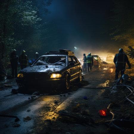 Car accident on the road in the forest at night. Car insurance concept.の素材