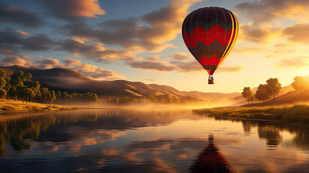 Colorful hot air balloon over the lake at sunrise.の素材