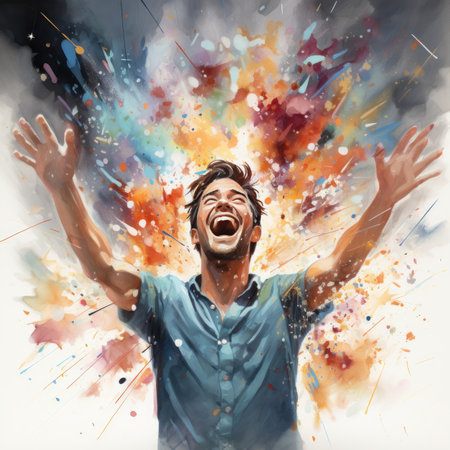 Cheerful young man with his hands up in front of a colorful splashの素材