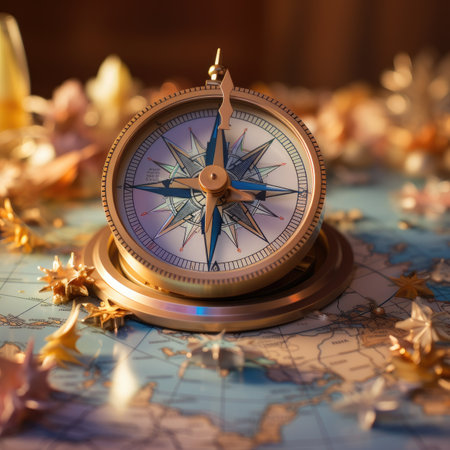 Compass on the background of the world map. Selective focus.の素材