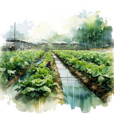 Watercolor fresh lettuce farm in the countrysideの素材