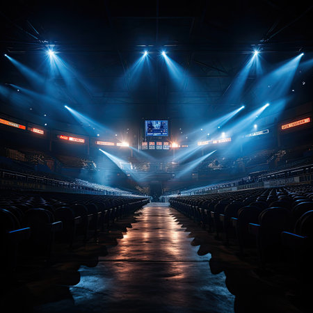 Interior of a concert hall with stage lights and spotlights.の素材
