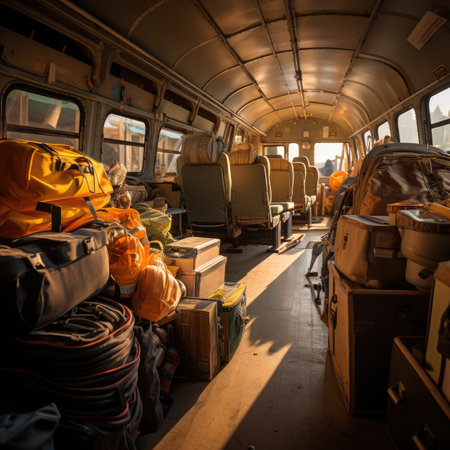 Interior of an old school bus with a lot of luggage.の素材