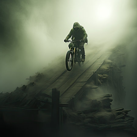 Silhouette of a mountain biker riding a bicycle on a wooden bridge in a foggy forestの素材