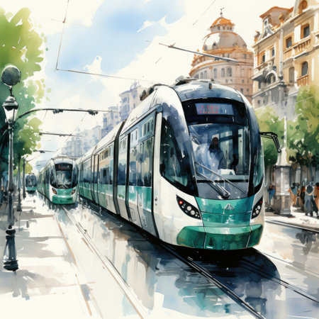 Watercolor Modern tram on the streetの素材