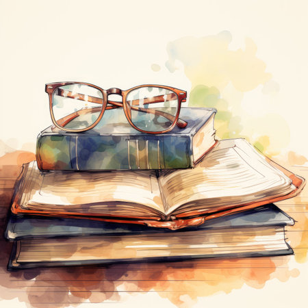 Pile of books with glasses on watercolor background.の素材