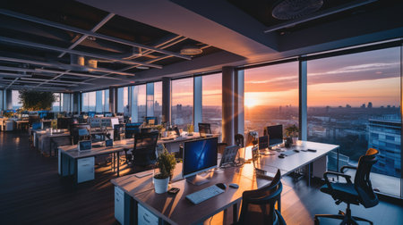 Modern office interior with panoramic window and city view. Evening timeの素材