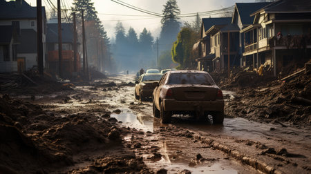 Cars driving on a muddy road during heavy rain. Selective focusの素材
