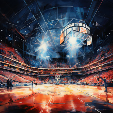 Basketball arena with floodlights and players. Blurred background.の素材