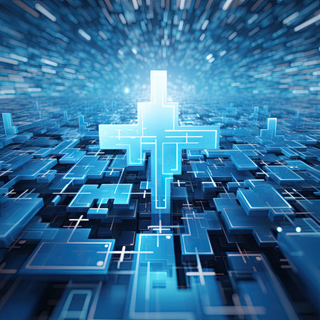 Abstract digital cross on blue backgroundの素材