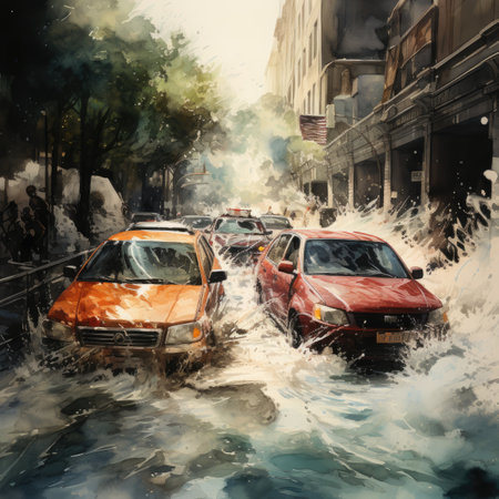 Watercolor cars on the road in the city.の素材